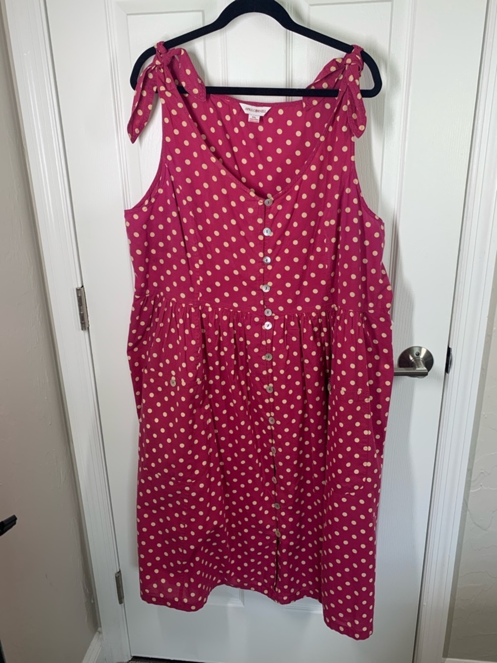 April Cornell pink polka dot dress with button front, tie straps and pockets XXL